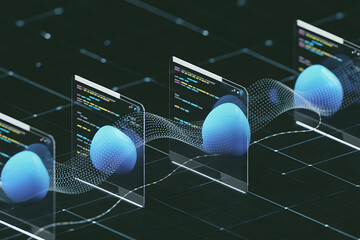 Digital Stream: Abstract digital rendering showcasing the dynamic flow of data, symbolized by interconnected spheres navigating intricate pathways.