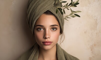 A woman wearing a green towel and a green head scarf
