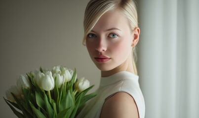 A woman is holding a bouquet of white flowers