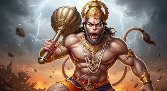 the wrathful manifestation of lord hanuman: an epic cinematic illustration of muscular Bajrangbali wielding a golden mace or gada amidst a lightning storm and divine destruction.