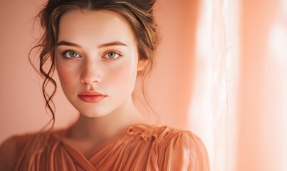 A woman with long brown hair and a pink dress
