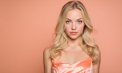 A woman with blonde hair and blue eyes is wearing a pink dress