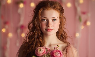 A woman with red hair is holding a bouquet of flowers