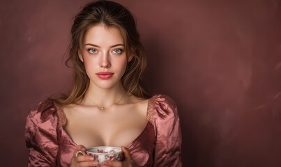 A woman in a pink dress holding a cup