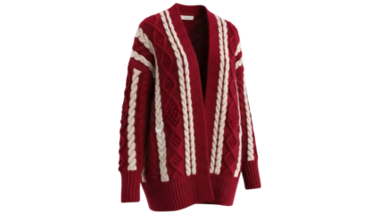 Isolated chunky knit cardigan, red wool open sweater with braid cable pattern design