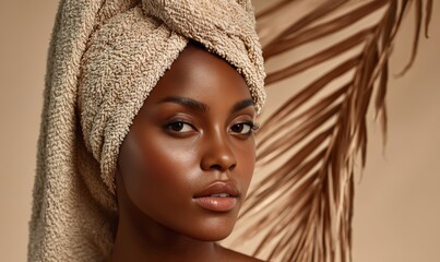 A woman with a towel wrapped around her head