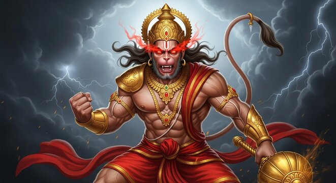 the fiery wrath of Bajrangbali: angry lord hanuman with glowing red eyes, powerful muscles, and a golden mace amidst a stormy sky.