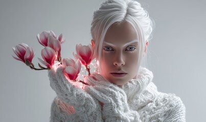 A woman wearing a white sweater and gloves holding a bunch of pink flowers