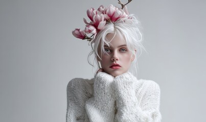 A woman wearing a white sweater and a flower headband
