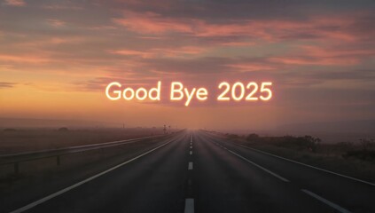 Cinematic Sunset Landscape with Glowing Neon "Good Bye 2025" Text