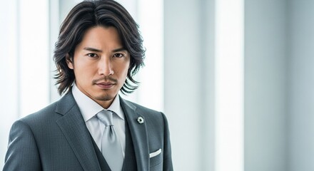 高級感漂うビジネススタイル：スタイリッシュな長髪の日本人男性ビジネスマン