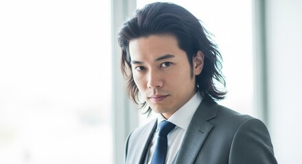 高級感漂うビジネススタイル：スタイリッシュな長髪の日本人男性ビジネスマン