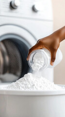 A person pouring powder detergent into a front-loading washing machine, illustrating laundry tasks and home cleaning routines.