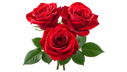 Three vibrant red roses with green leaves against a transparent background