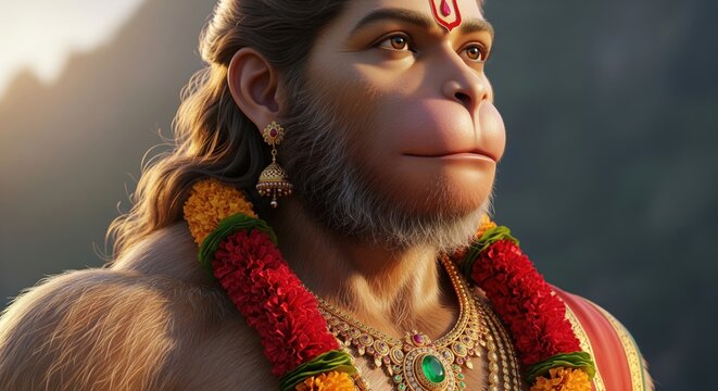 close-up of lord hanuman featuring a sacred red tilak on his forehead, intricate golden earrings, and a calm expression against a soft sunlit mountain backdrop