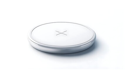 A circular white wireless charging pad with a subtle "X" mark, viewed on a plain white background