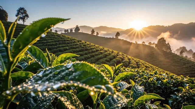 Tea leaf dew sunrise plantation hill terrace mist sunlight dewdrop dew covered tea leaf closeup at sunrise in misty terraced plantation with rolling hills and tranquil fresh morning atmosphere