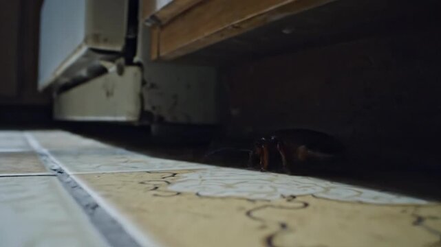 A curious earwig inspects a discarded bread crumb on a kitchen floor at night, low angle view