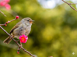春を告げる歌声、紅梅とさえずるウグイス