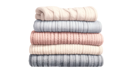 Stack of five folded knitted sweaters in various pastel colors on a transparent background
