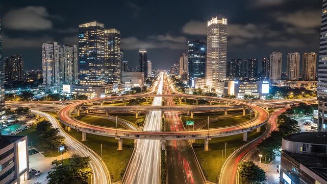 Aerial View of Modern City Night Cityscape with Traffic Light Trails at Simpang Susun Semanggi Interchange, Jakarta