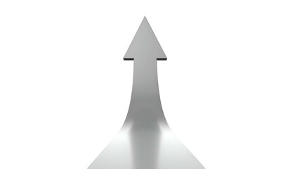 A 3D rendered silver arrow pointing upwards against a black background