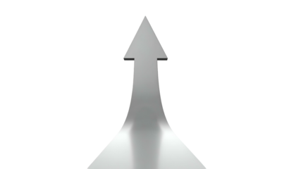 A 3D rendered silver arrow pointing upwards against a black background