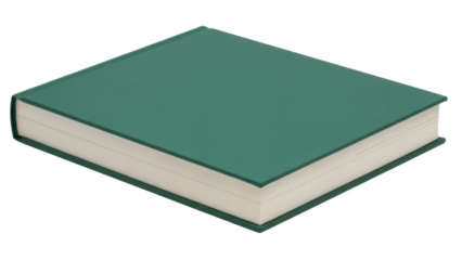 Isolated hardcover book with green cover, top view, for writing, reading or storing data