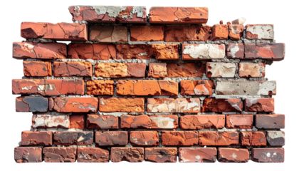 Fragment of weathered, red brick wall with cracked mortar, revealing inner layers