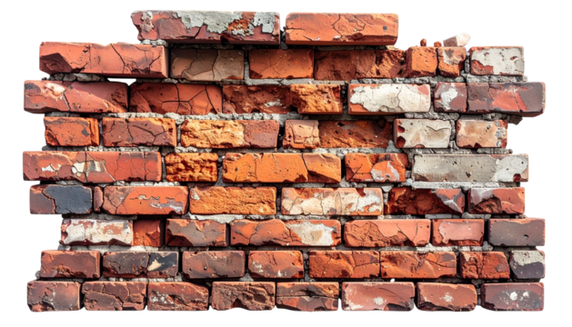 Fragment of weathered, red brick wall with cracked mortar, revealing inner layers - Powered by Adobe