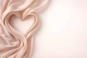 Soft pink silk elegantly forms a heart on a light pastel surface. Romantic minimalist composition ideal for Valentine's Day or wedding themes.