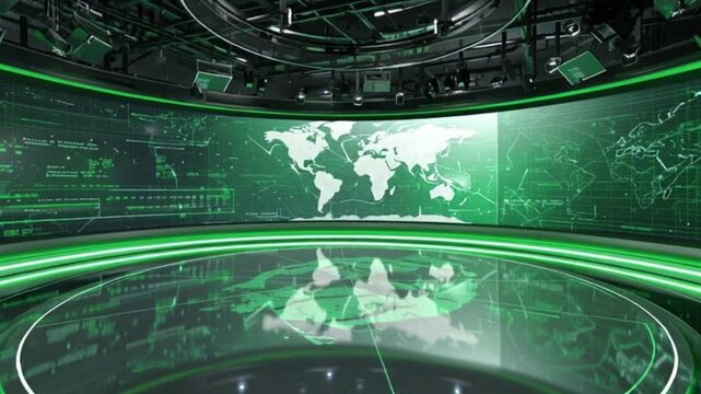 animate Futuristic 3D global news studio with large chroma key green screen panels, holographic world map elements, rotating digital line