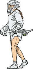 female lacrosse player wearing a white uniform and helmet, holding a stick with a ball