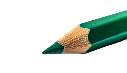 Macro shot of a sharpened green pencil tip with exposed wood grain against black background
