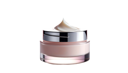 Cosmetic jar with a silver lid and a swirl of cream. Dark background