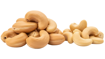 Isolated pile of cashew nuts, curved shape and smooth texture, creamy snack and healthy food
