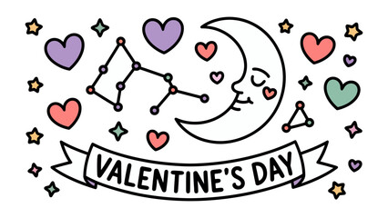 Valentine's Day Illustration: A charming, hand-drawn illustration featuring a crescent moon with a face, hearts, stars, a constellation and Valentine's Day banner, perfect for spreading love. © Karima