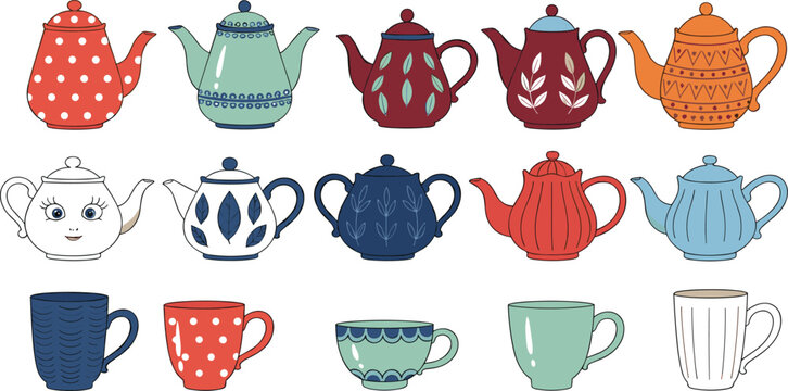 Decorative teapot and cup vector illustration set with colorful patterned kettles, mugs, and teacups for tea time, kitchenware, and cozy home design concepts