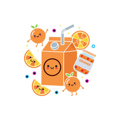 Fototapeta premium Cute cartoon illustration of orange juice carton with straw, happy oranges, slices, and a jar of orange jam.