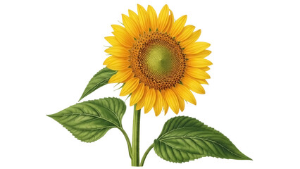 Isolated Summer sunflower with three green leaves, front view, floral, illustration, no background