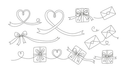 Gift and Letter Elements: A collection of charming line-art illustrations, featuring intricately drawn ribbons, heart-shaped designs, beautifully wrapped gifts, and delicate love letter.