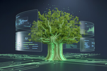 Digital Eco-System: A stunning visual representation merges technology and nature. A tree grows through circuit boards and connected screens.