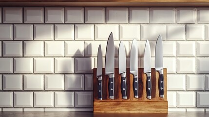 sharp kitchen knives on a magnetic wooden block,
