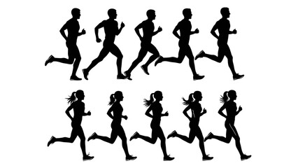 Silhouettes of people running in various poses and dynamic movements