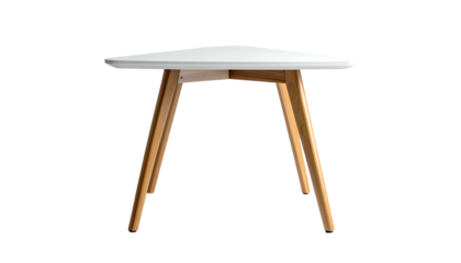 A small triangular white table with natural wood legs on a stark black background