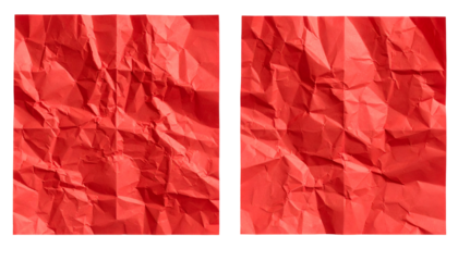 Two close-up square photos of crumpled red paper, textured and folded with light and shadow