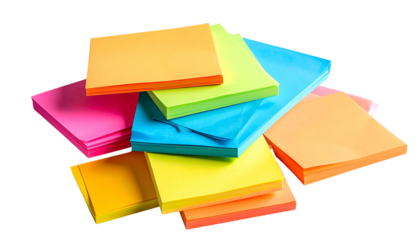 Brightly colored sticky notes in various hues, stacked and scattered on surface