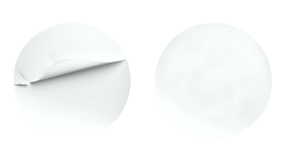 Two white circular stickers, one partially peeled, against a black background