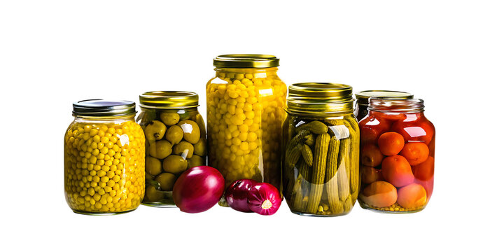 Jars of pickled vegetables and olives on white background isolated on a transparent background canned goods