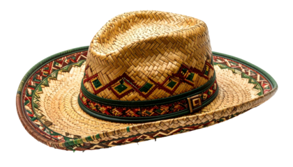 A detailed, isolated view of a woven straw sombrero hat with vibrant, detailed trim